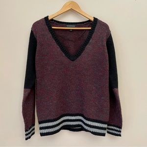 STYLESTALKER Longsleeve Knit Burgundy Black Colourblock Vneck Pullover Sweater